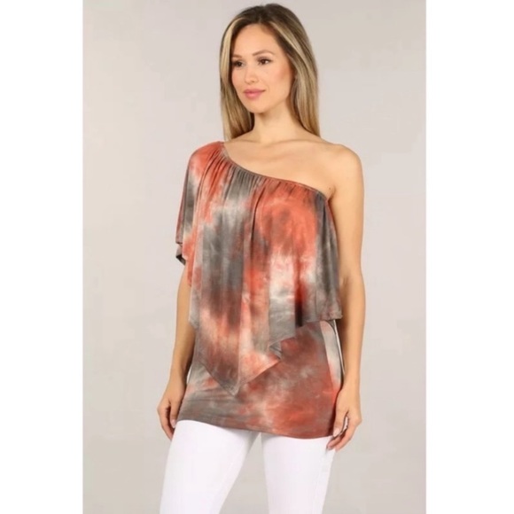 Rust Gray Multi Way Tie Dye Boho One Shoulder Top - Picture 2 of 7